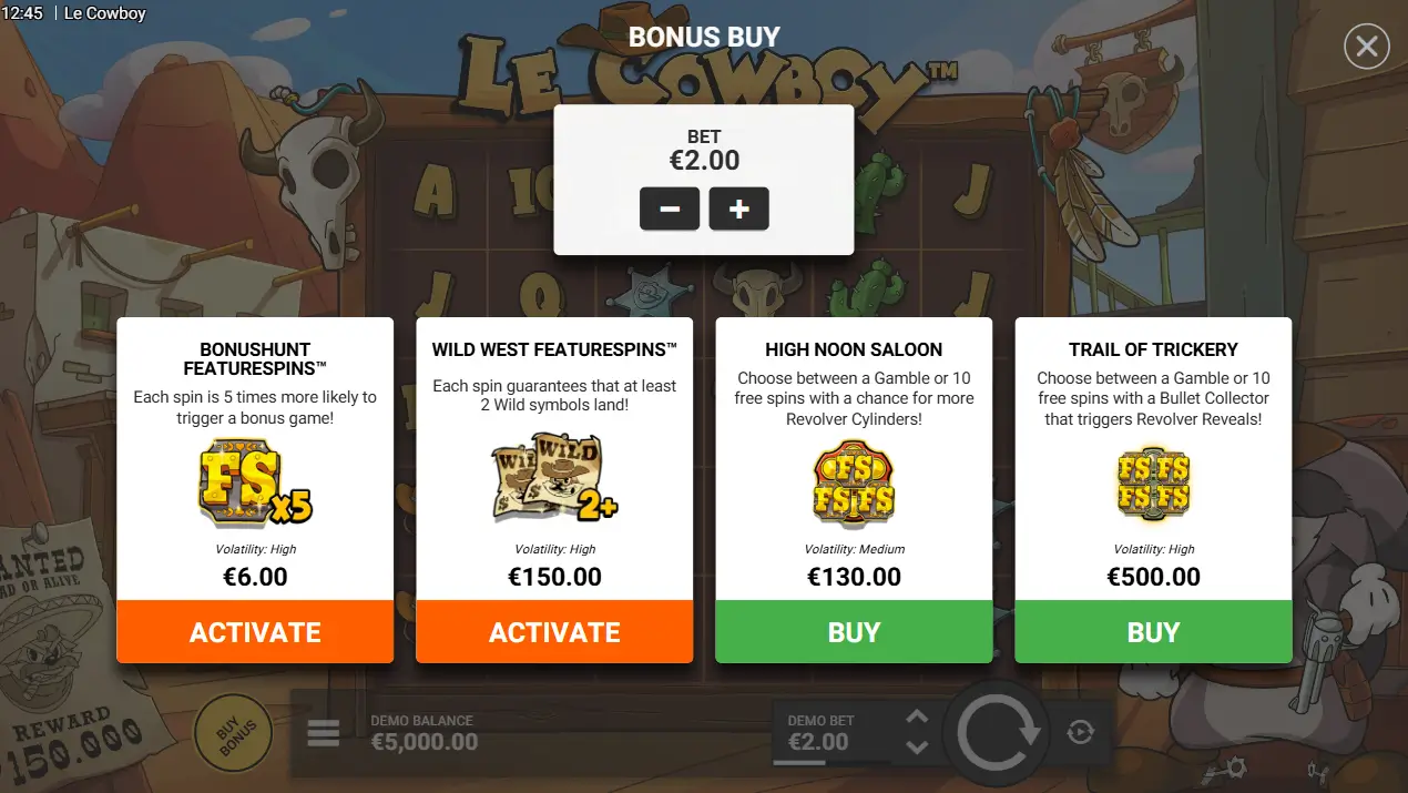 Le Cowboy bonusköpsmeny med alternativ för free spins.